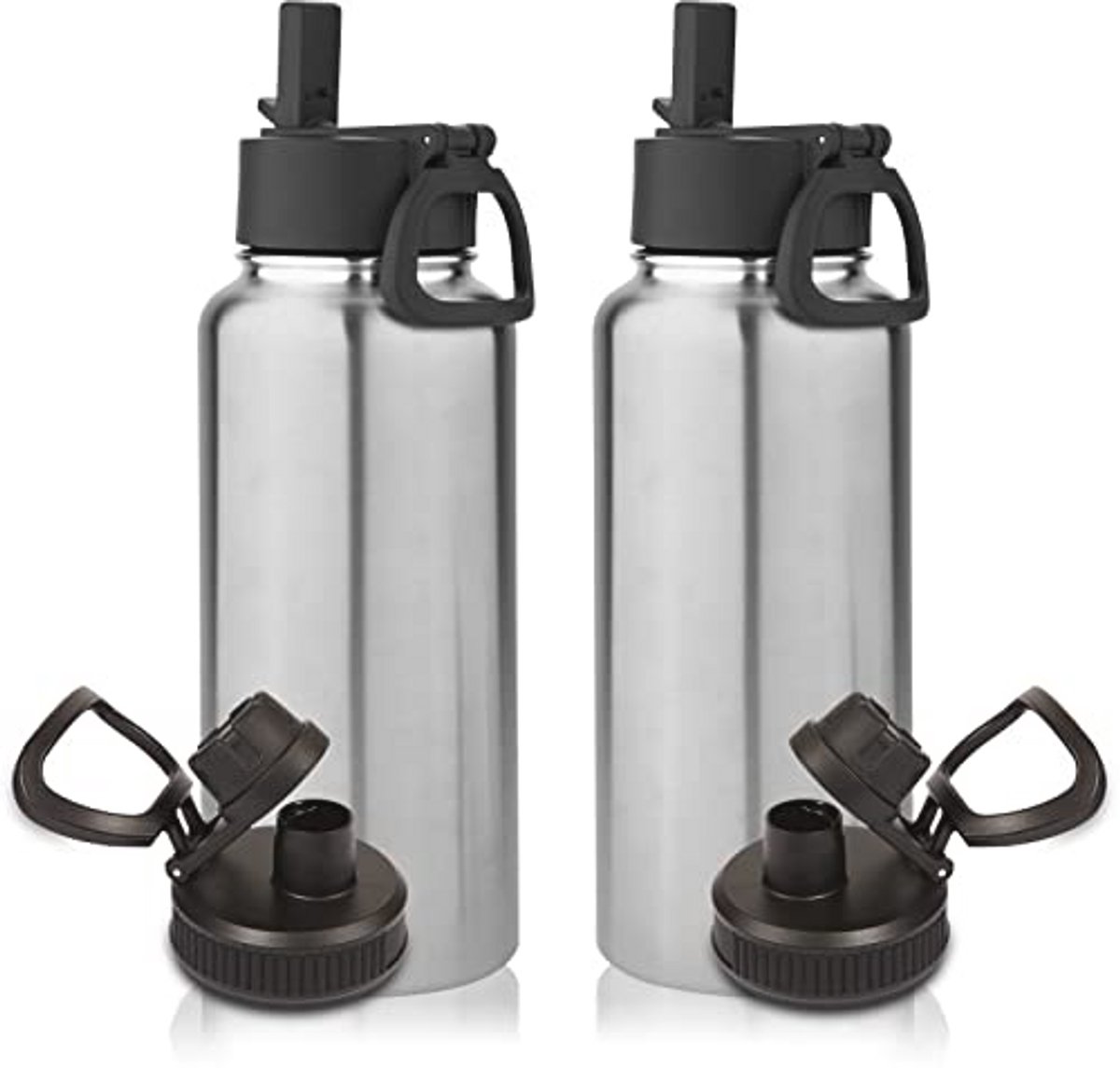 Isolerende Waterflessen 1L 2 Pack met Rietje en Tuitdeksel - Roestvrijstalen Sportwaterfles - Dubbelwandig en Lekvrij - Ideaal voor Hiken en Kamperen