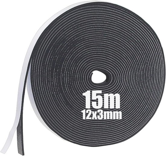 Zelfklevende schuimrubber afdichtingstape 12mm x 3mm x 15m voor deuren ramen, isolatie, geluiddemping, winddicht
