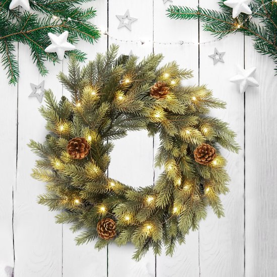 Meisterhome® Kerstkrans 50 cm – Inclusief 50 LED Lampjes – Elegante Gouden Ophangbeugel – Geschikt voor Binnen & Buiten - Kerst krans