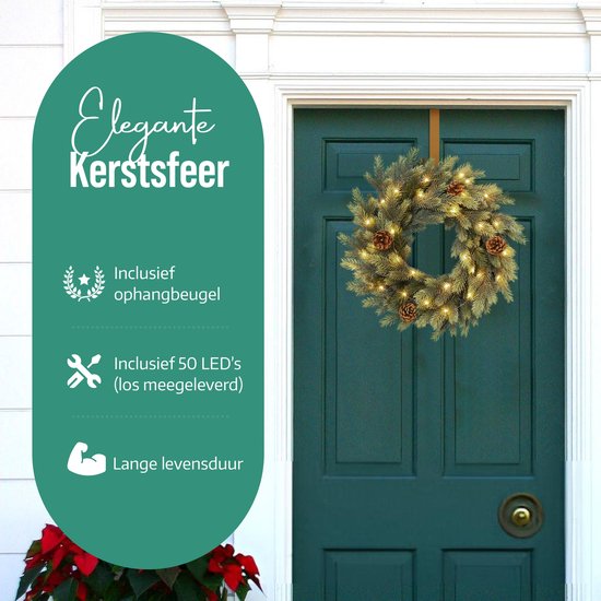 Meisterhome® Kerstkrans 50 cm – Inclusief 50 LED Lampjes – Elegante Gouden Ophangbeugel – Geschikt voor Binnen & Buiten - Kerst krans
