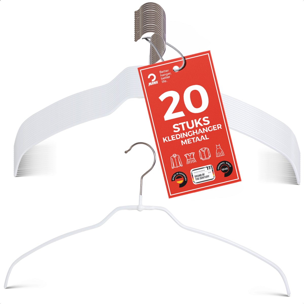 MAWA Drooghangers - Set van 20 - Ruimtebesparende en Antislip Universele Hangers met Roestvrijstalen Haak - Ideaal voor het Drogen van Wasgoed - 360° Draaibare Haak - 36 cm, Wit