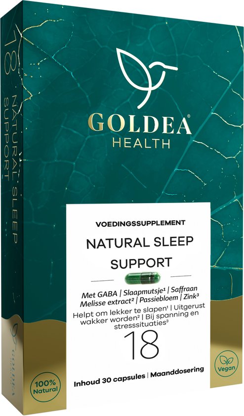Doosje Goldea Health Natural Sleep Support. Donkergroen met gouden logo en tekst. Bevat 30 capsules. 100% natuurlijk en vegan.