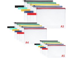 Document Bag A3+A4+A5 - 15 Pcs Waterproof Zip Pockets - Mesh Plastic File Bag with Zip - Document Folder voor School - Home Office - Travel - Cosmetics - 5 Kleuren