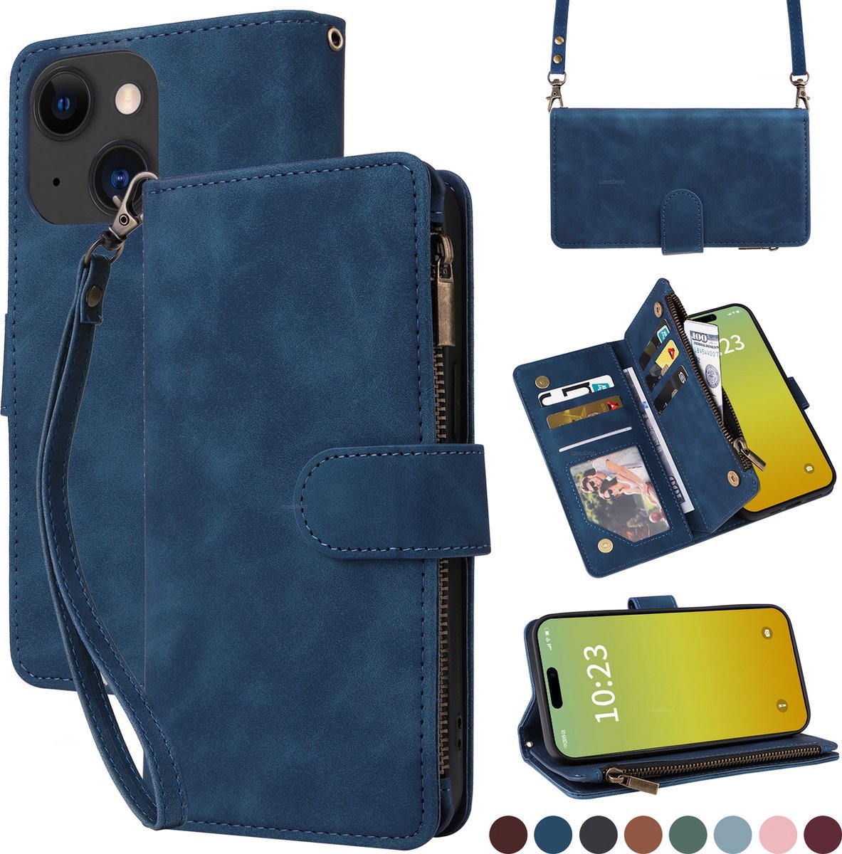 YPCd Wallet Case Pasjeshouder met Rits – Geschikt voor Apple iPhone 15 – Luxe Bookcase Hoesje met 6 Pasjesvakken & Polsbandje – Blauw