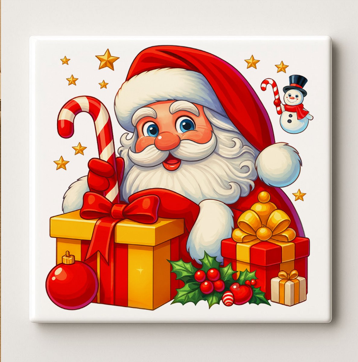 Kerstman met Cadeaus Keramische Tegel – Schattige Kerst Illustratie Wanddecoratie – Feeste