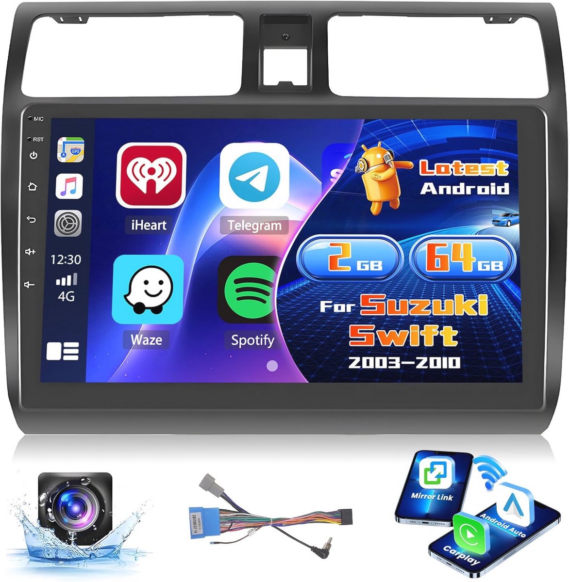 10 Inch Android Radio met Wireless CarPlay en Android Auto voor Suzuki Swift (2003-2010) - Bluetooth, WIFI, GPS, FM, EQ en AHD Achteruitkijkcamera