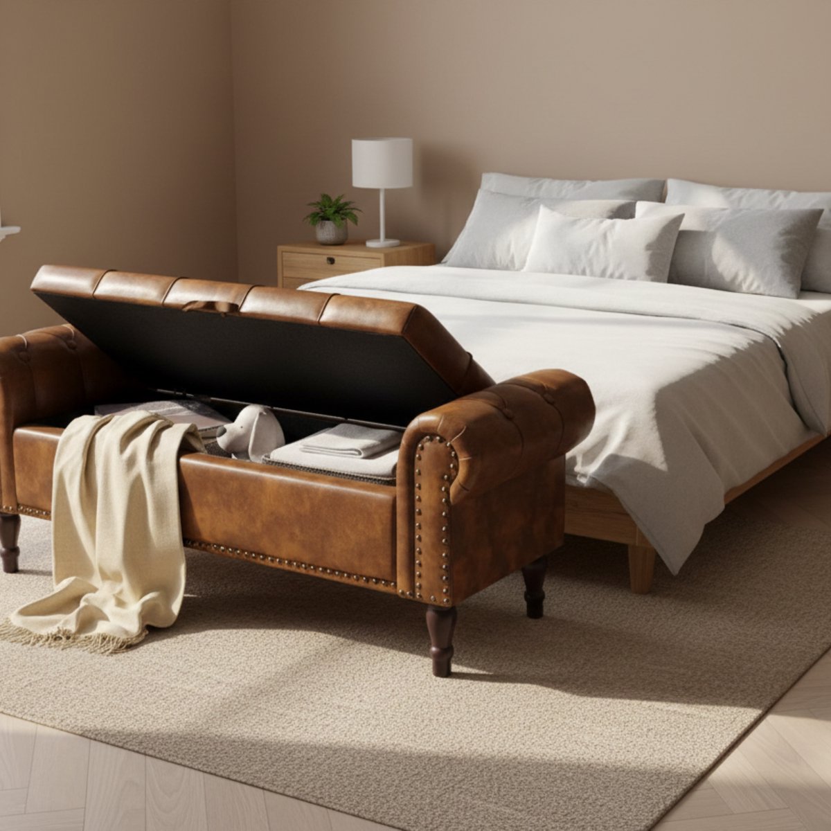 Opbergbank met Zithoek Altameubel 130x43x50 cm – Geelbruin, Bedbank met Opbergvak, PU Kunstleer Bekleding, Zachte Kussens, Armleuningen en Siernagels – Slaapkamer, Hal en Woonkamer Multifunctioneel