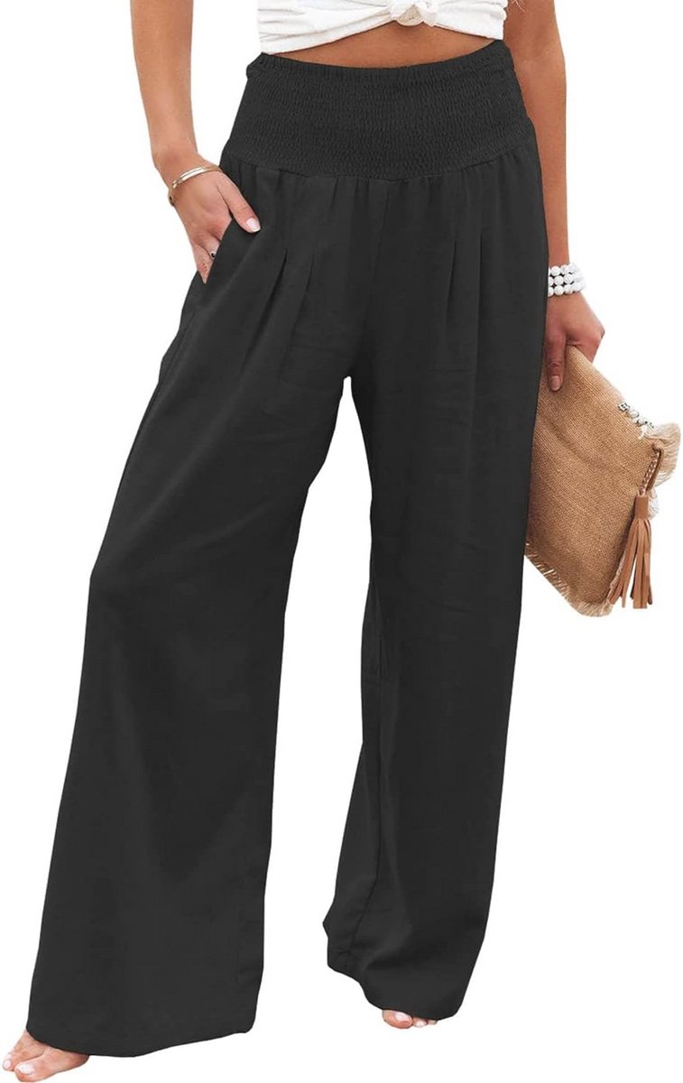 Dames Hoge Taille Katoenen Linnen Palazzo Broek - Wijde Benen Lounge Broek met Zak