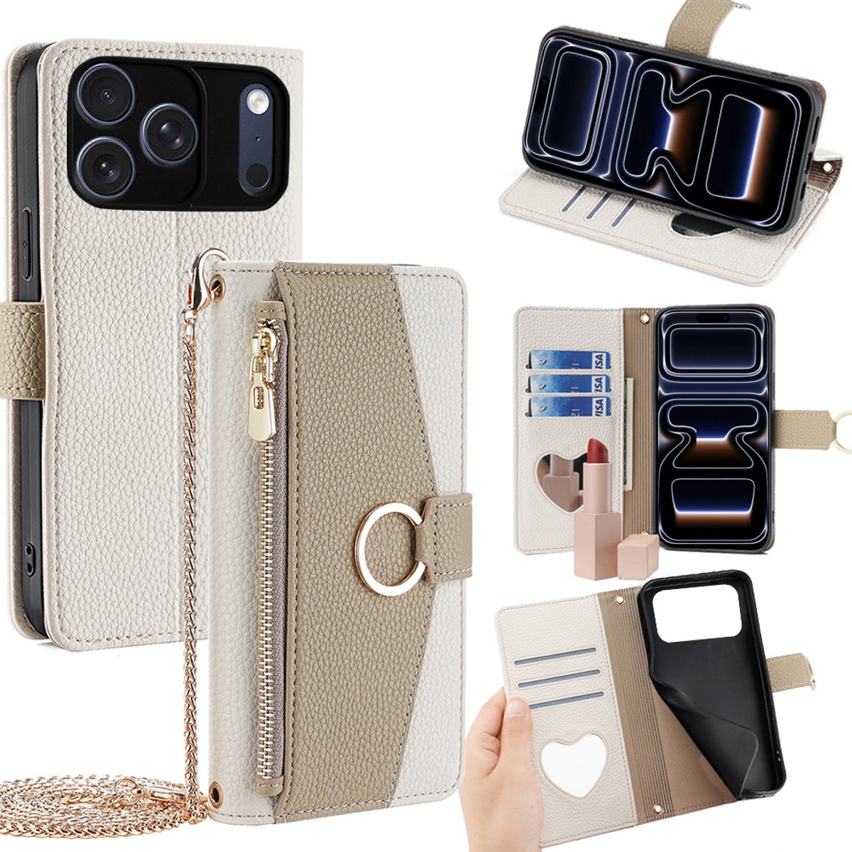 Modieuze Wallet Case – Geschikt voor Apple iPhone 17 Pro – Luxe Telefoonhoesje met Polsband en Schouderkoord - Wit