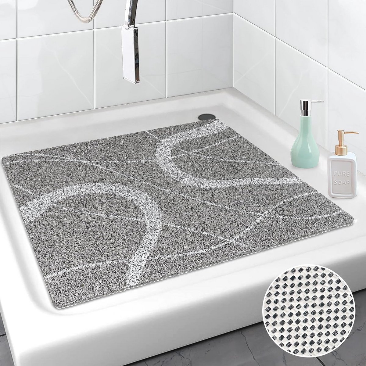 Antislip Douchemat 80 x 80 cm - Zachte PVC Luffa, Sneldrogend met Afvoeropening, Veilige Massagemat voor Senioren