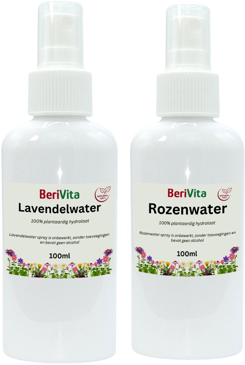 Combinatieset: Rozenwater 100ml Spray en Lavendelwater 100ml Spray 100% Puur - Hydrosol, Hydrolaat - Gezicht en Body Mist - Natuurlijke Toner