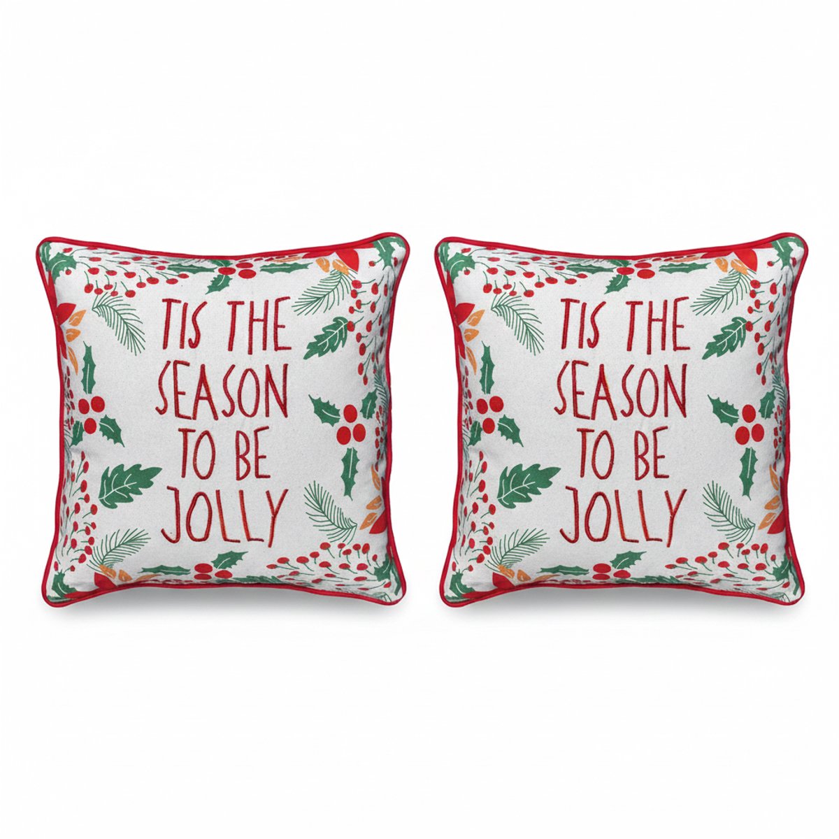 Urbane Hide Kerstkussen Set van 2 Kussenhoezen - Kerst Kussenhoes - Kussenhoesjes Vierkant - Kerstkussens met Tis the Season to Be Jolly Borduursel - 45x45 cm - Katoen - Voor Binnen - Wit/Rood Kersttekst