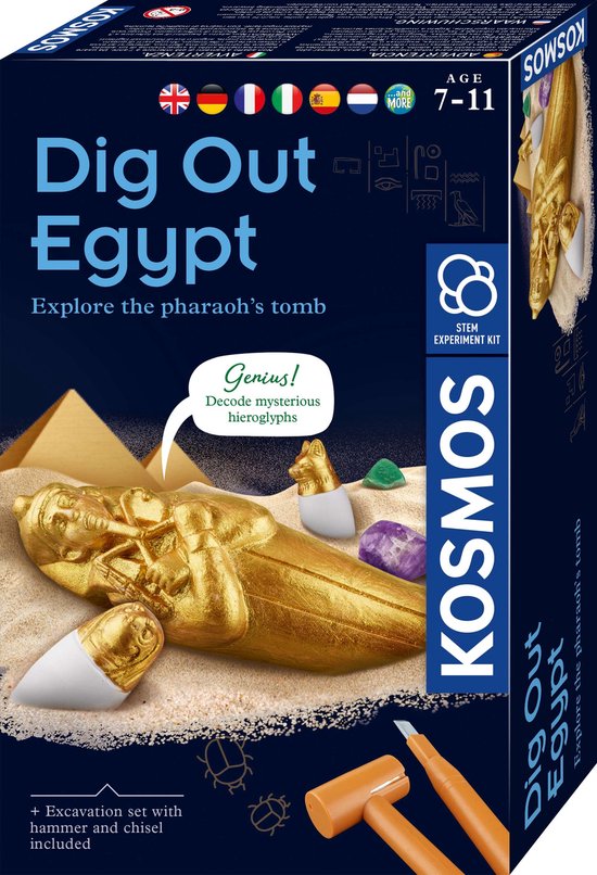 KOSMOS Dig Out Pharaoh's Treasure - Opgravingsset - Graaf de Schat van de Farao Op - Inclusief Sarcofaag, Canopen, Edelstenen en Hiërogliefenpuzzel - STEM Speelgoed - Vanaf 7 Jaar