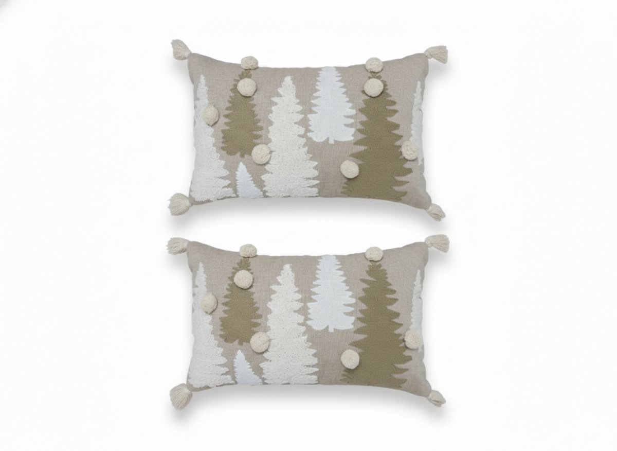 Kerstkussen Set van 2 Kussenhoezen Geborduurd met Bomen en Kwastjes - Rechthoekige Kussenhoesjes voor Kerst - Kerstkussens Set van 2 Rustiek Design - 30x50 cm - Katoen Kussenhoes - Veelkleurig - Zonder Binnenkussen – foto 2