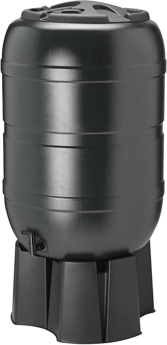 Grote zwarte 210 liter watercollector met standaard en kraan voor regenwateropvang
