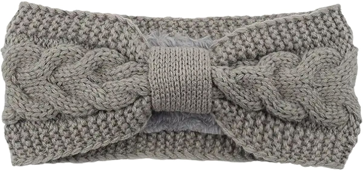 Lichtgrijze gebreide haarband dames met fleece binnenkant - grijze hoofdband - one size - winterse haarband met strik - STUDIO Ivana