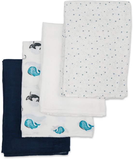 Lulujo - hydrofiele doeken - swaddle - bamboo - 120x120 cm - 4-pack - Whales & Stars van Merkloos — afbeelding 2