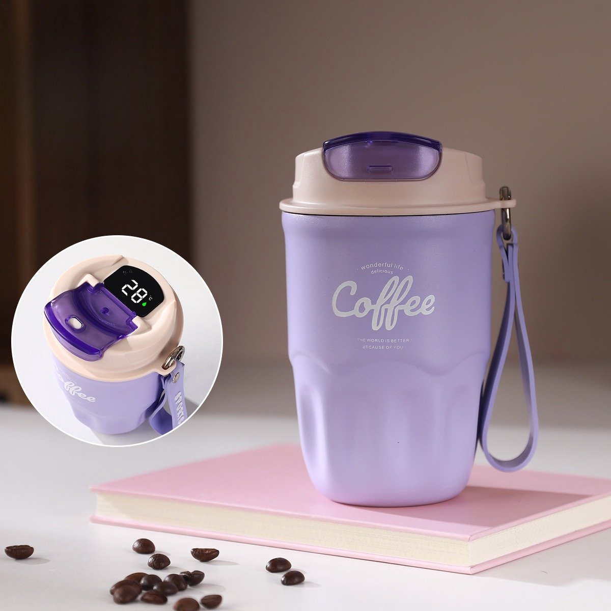 360ml Draagbare Geïsoleerde Koffiemok - Slimme Temperatuurweergave - Reisbeker Voor Koffie - Roestvrijstalen Thermosfles - Dubbelwandige Vacuümbeker - Unisex - Paars