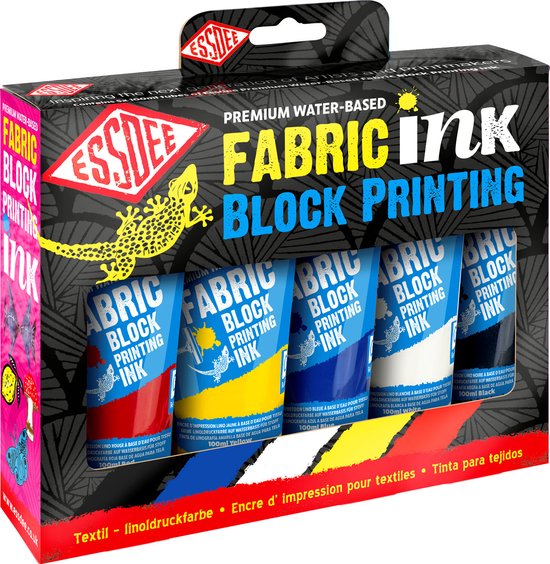 Essdee Fabric Block Printing Inkt: 5 tubes in rood, geel, blauw, wit en zwart. Voorzien van Essdee logo en een geeltje.