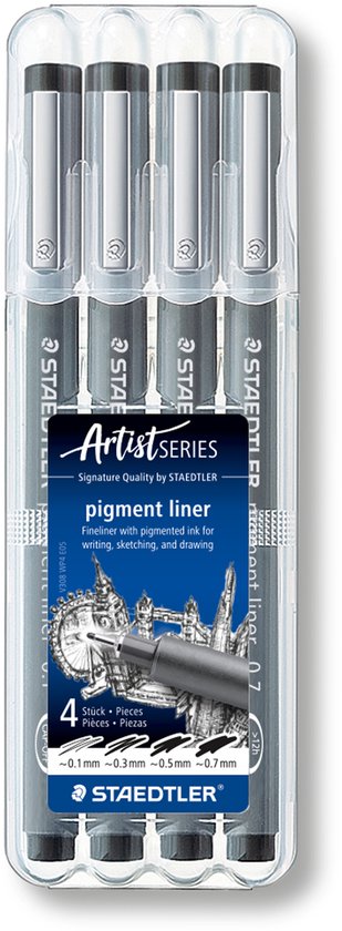 Set de quatre stylos noirs Staedtler pigment liner, Artist Series, dans un étui transparent.