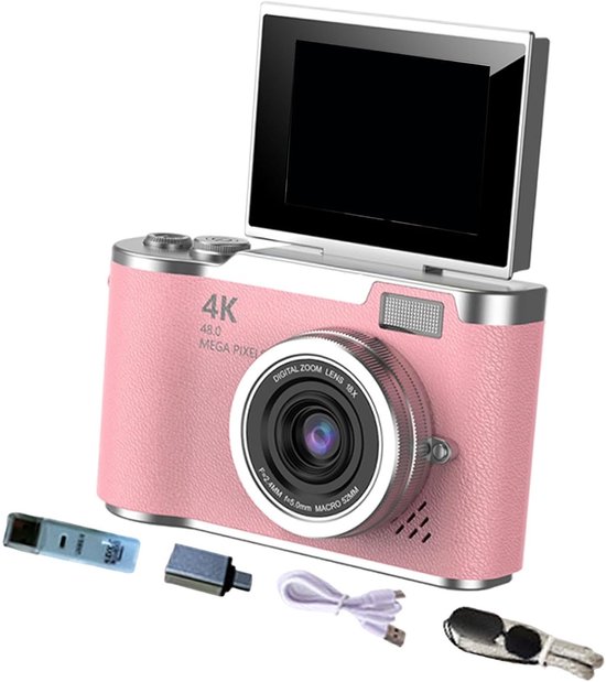 Ynkkvre – 4K Digitale Camera – 4K Ultra HD CCD Digitale Camera – Denver Digitale Camera Full HD – Selfiecamera – 48 Megapixel Lens – 2.4-inch Draaibaar Scherm – 8x Digitale Zoom – Compleet Accessoirepakket – Roze