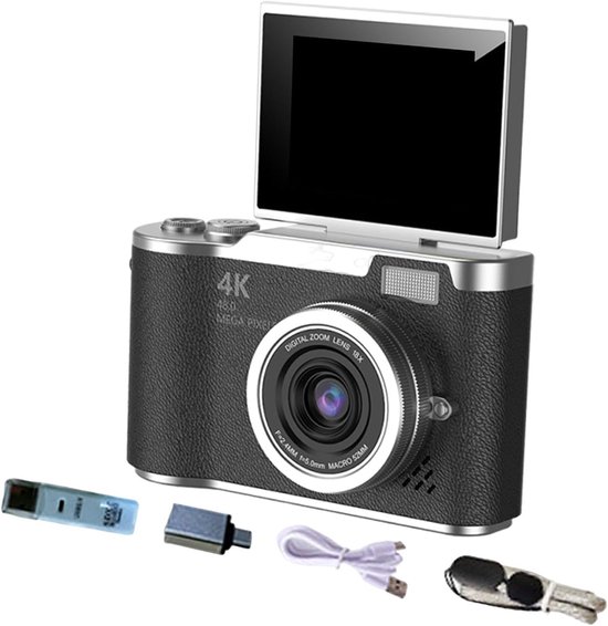 Ynkkvre – 4K Digitale Camera – 4K Ultra HD CCD Digitale Camera – Denver Digitale Camera Full HD – Selfiecamera – 48 Megapixel Lens – 2.4-inch Draaibaar Scherm – 8x Digitale Zoom – Compleet Accessoirepakket – Zwart