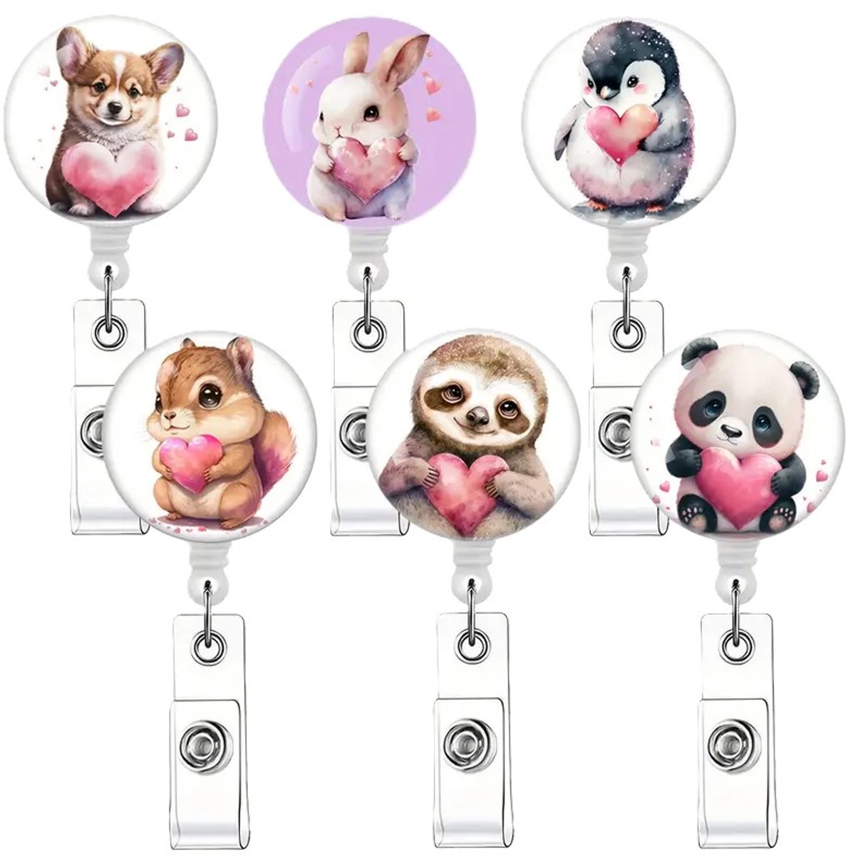 Mj Joys® - Badgehouder met trekkoord - 6-delige Set - Uitschuifbare Badgehouder met Clip - Badgehouder met afrolmechanisme - Badgehouder met trekkoord - Badge Houder - Badge - Badge houder verpleegkundige - Schattige dieren