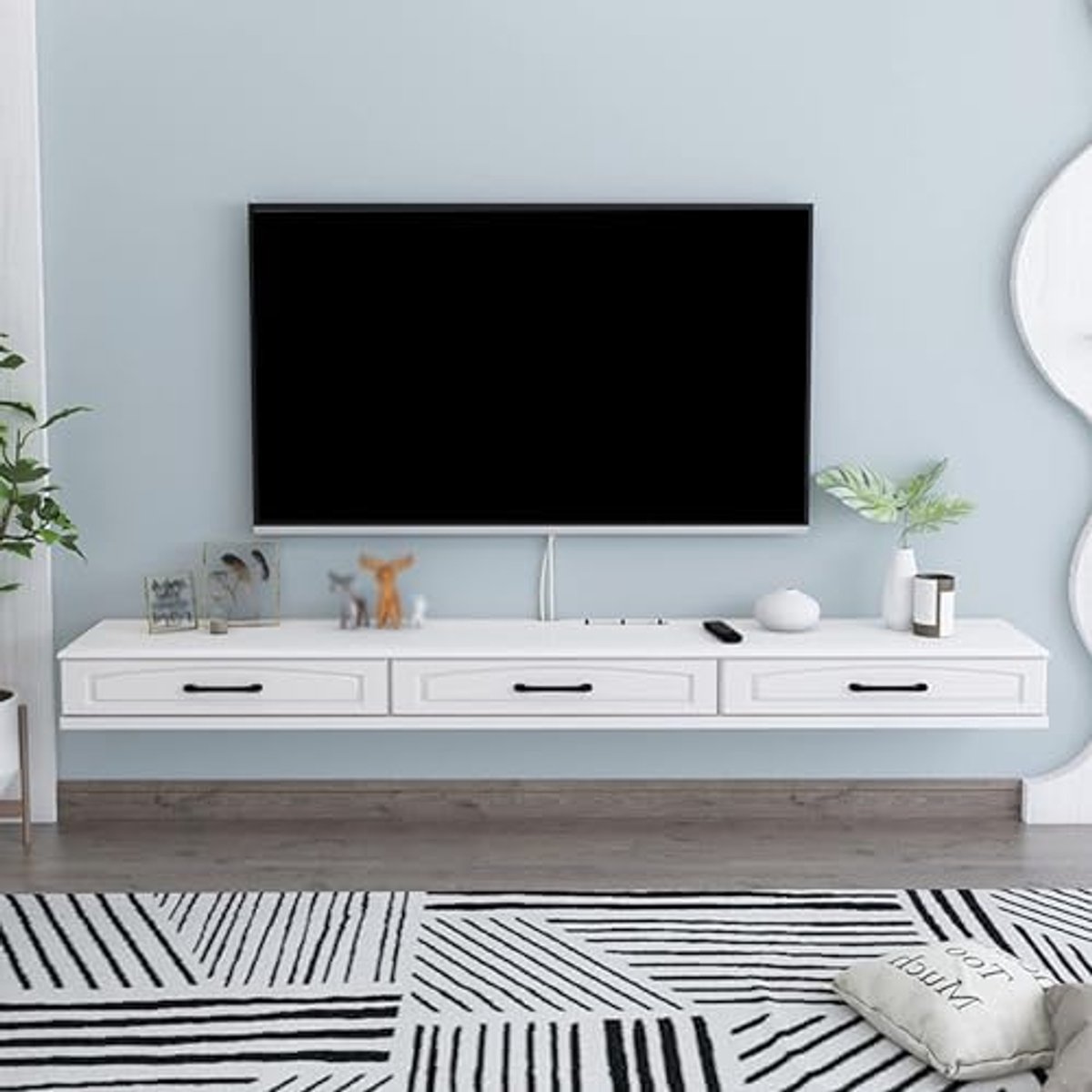 TV Meubel Wandmontage Zwevend met Kabelmanagement – Hangend TV Kastje met Opbergruimte – Modern Scandinavisch Media Meubel voor Woonkamer & Slaapkamer – Wit – 120 of 150 cm – House&Garden