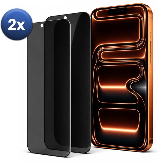 Twee privacy screenprotectors in het donkergrijs naast een oranje iPhone met een oplichtend scherm.