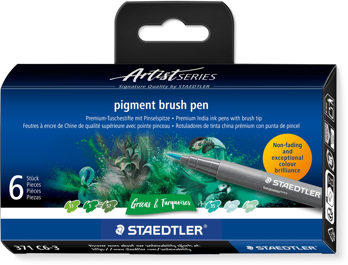 STAEDTLER - Artist Series - pigment brush pen set 6 kleuren greens & turquoises