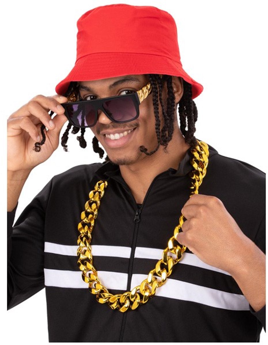 Verkleedset 90's Hip Hop (Halsketting, Rood Vissershoedje en Bril)