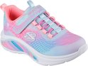 Roze, blauwe en paarse lichtgevende sneakers met klittenbandsluiting, veters en een S-logo.