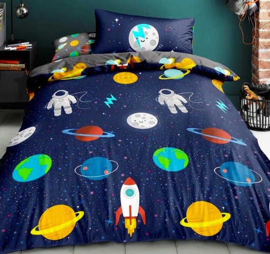 1-persoons jongens dekbedovertrek “space” blauw / donkerblauw met planeten, sterren, astronauten en raket in de ruimte / heelal / universum eenpersoons 140 x 200 cm (stoere ruimtevaart dekbedhoes voor kinderen)