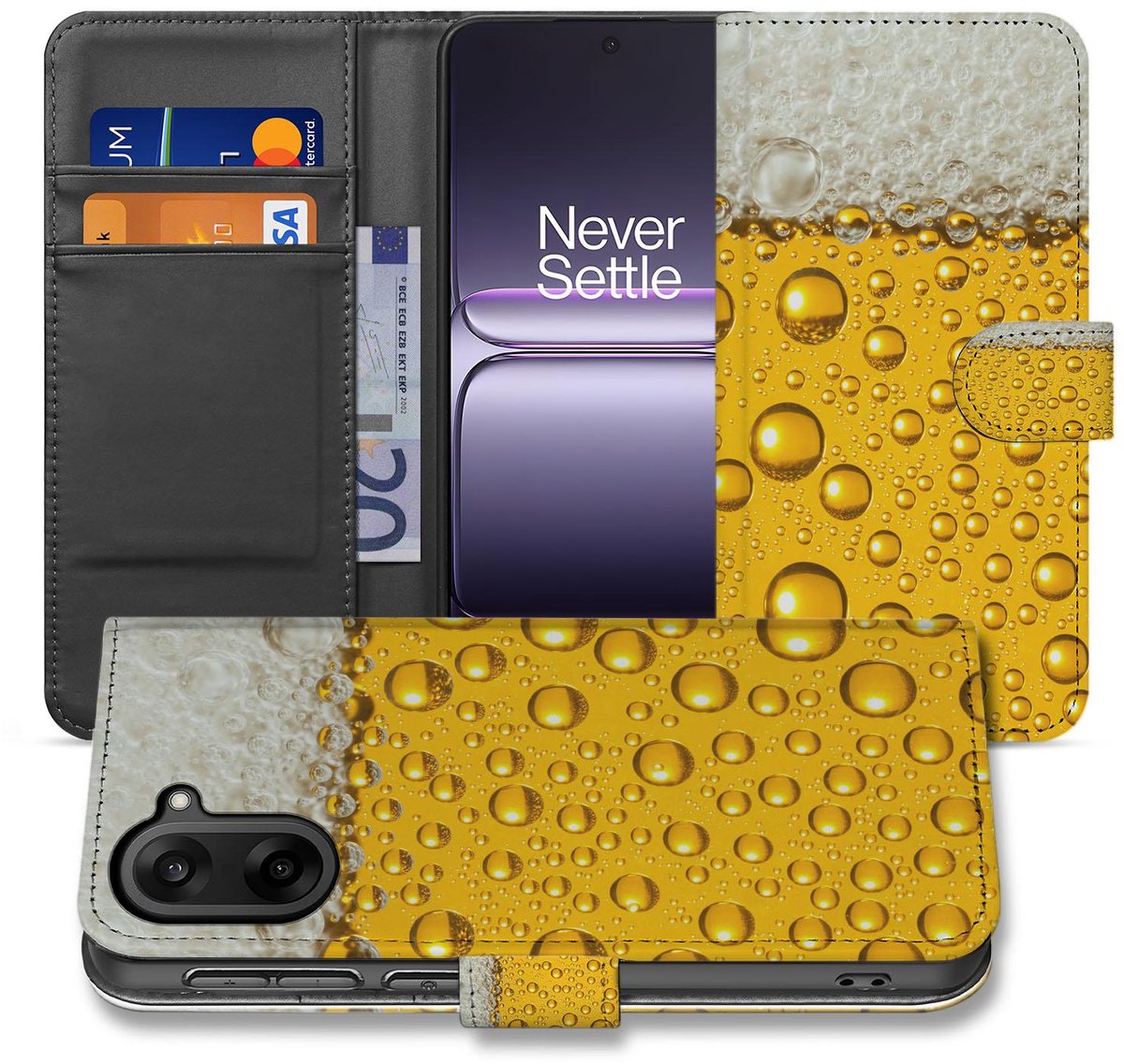 Premium Bierprint Bookcase Hoesje voor OnePlus Nord CE 5 met Geel Schuim Design