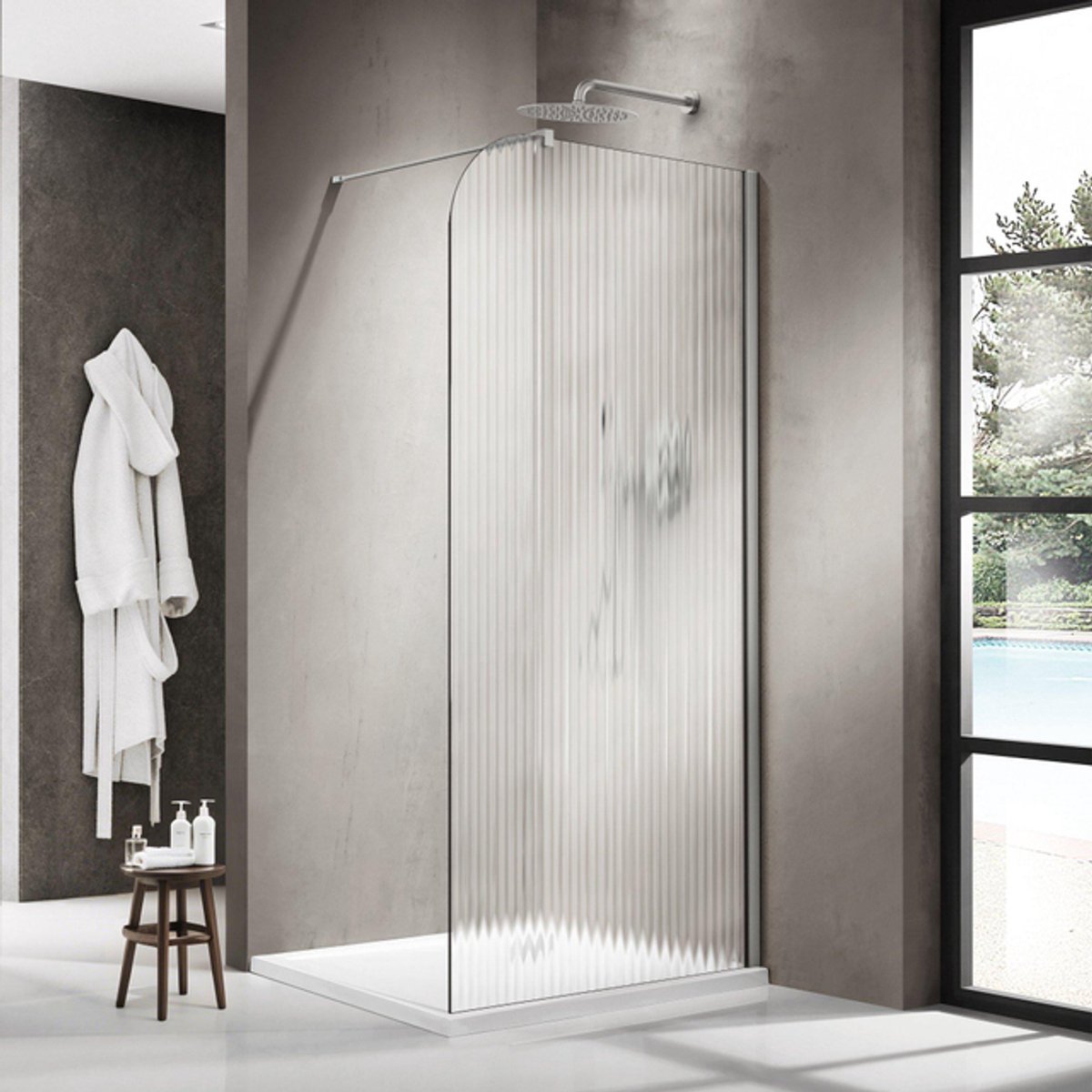 FugaFlow Eccelente Vetro Inloopdouche - 140x200cm - afgeronde glaswand - rechts - ribbel glas - wandarm - geborsteld RVS PVD (RVS)