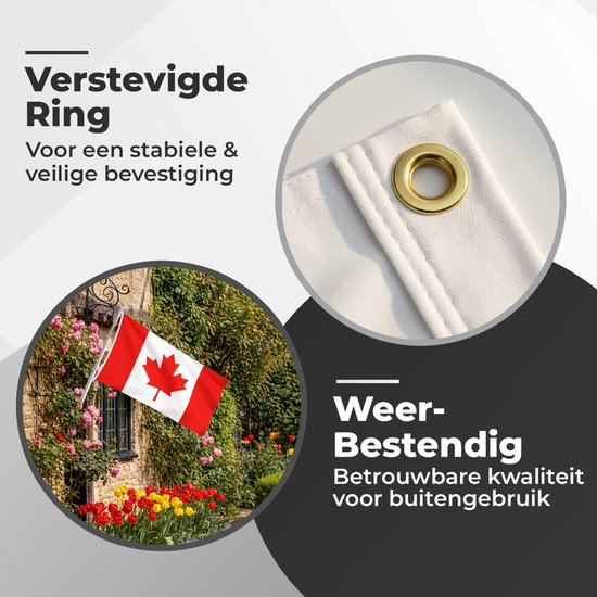 Canadese vlag aan een vlaggenmast, naast een muur begroeid met rozen en tulpen. Close-up van een versterkte ring.