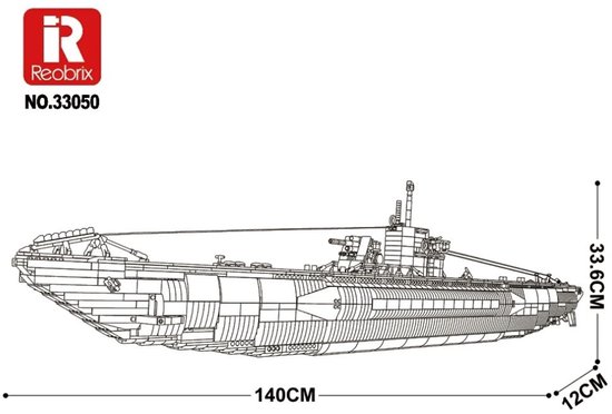 Technische tekening van een grijze en witte onderzeeër met afmetingen 140 cm x 33,6 cm x 12 cm.