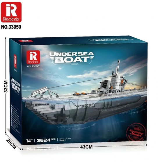 Doos van Reobrix 33050 'Undersea Boat' bouwset met een afbeelding van een grijze onderzeeër.