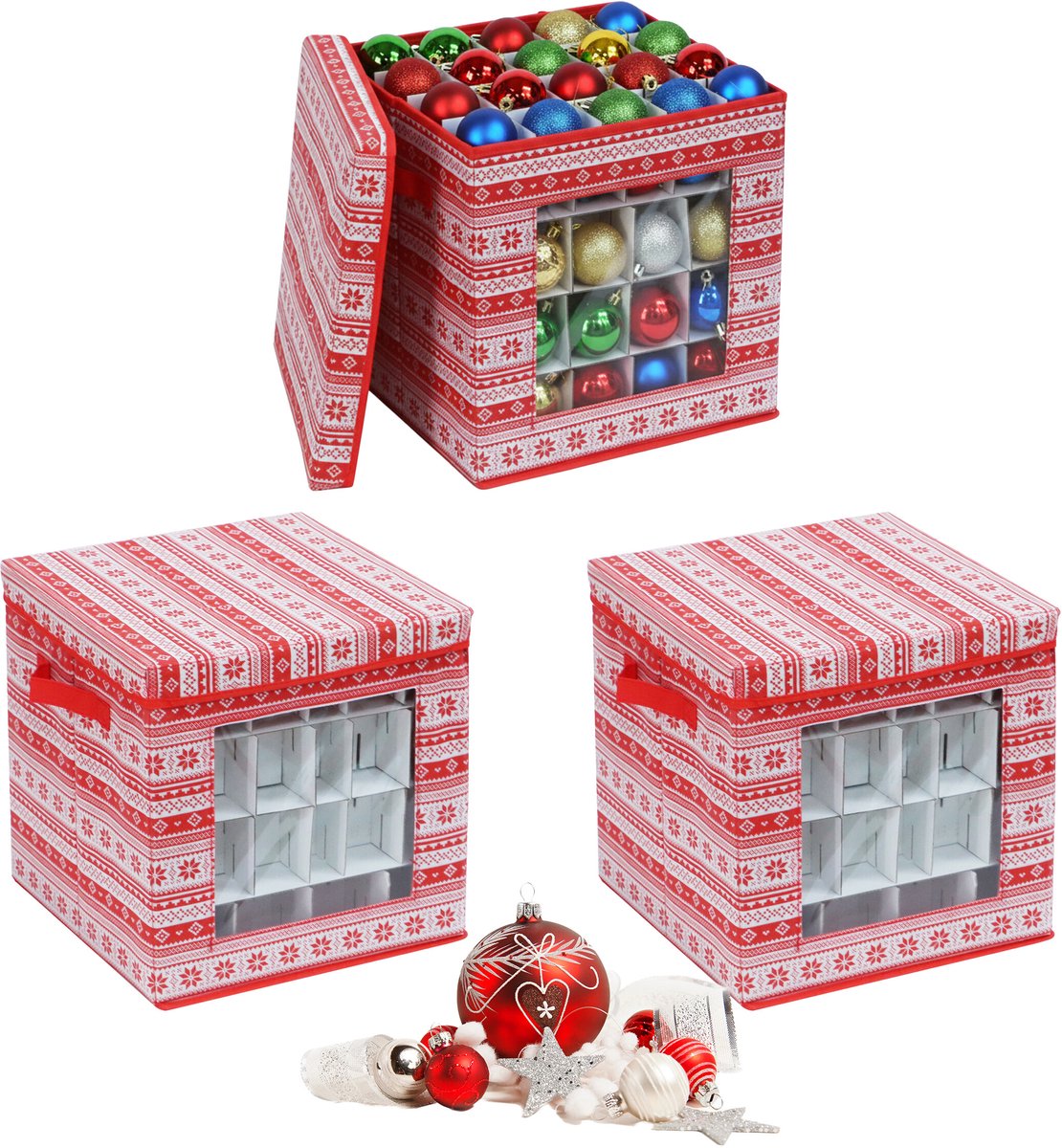 Opbergdoos voor kerstballen - 3 stuks - 33x33x33 cm - rood-wit
