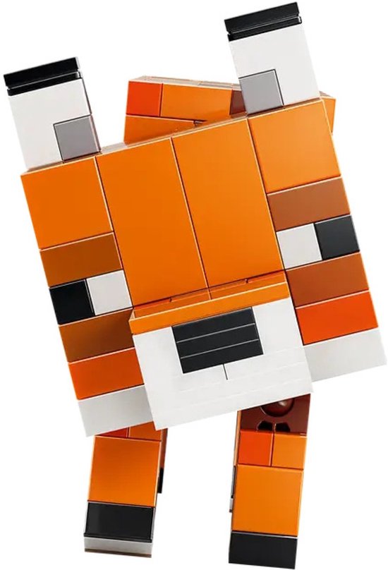 Renard LEGO Minecraft constructible, vu de dessus, orange à taches brunes, queue et pattes blanches.