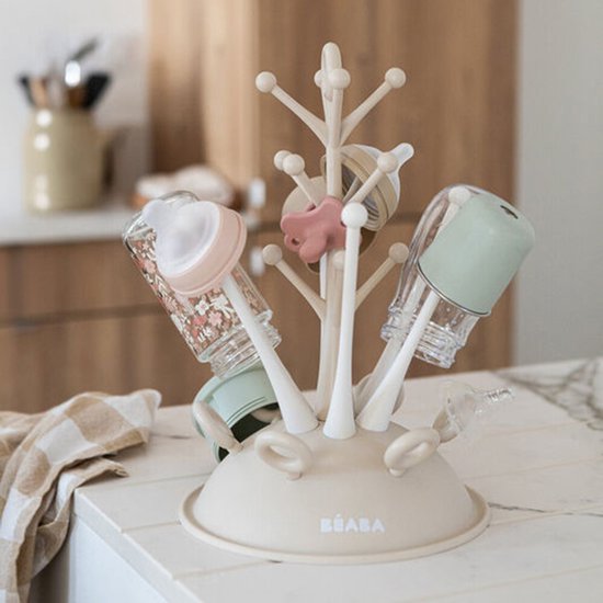 Béaba Flessendroogrek Boom - Hygiënisch Afdruiprek voor Zuigflessen met Wateropvangsysteem - Flessenrek Voor 6 Baby Flessen & Accessoires - Clay/Ecru van Beaba — afbeelding 2