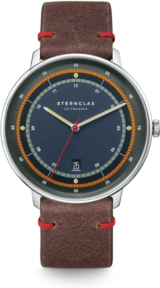 Sternglas S01-HHA06-EB03 HAMBURG EDITION ARGO Heren Horloge - Saffierglas - Staal-Leer - Bruin-Zilverkleurig-Donkerbruin - Ø 42 mm - Quartz - Gesp