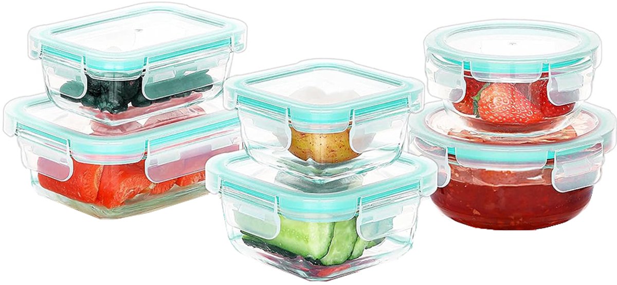 Glazen Bewaardozen Set van 12, Glazen Vershoudbakjes voor Voedsel (6 Deksels en 6 Bakjes), Luchtdichte Lunchboxen, Lekvrije en BPA-vrije Opbergpotten, Magnetronbestendige Maaltijd Voorbereiding Dozen, Opbergdoos