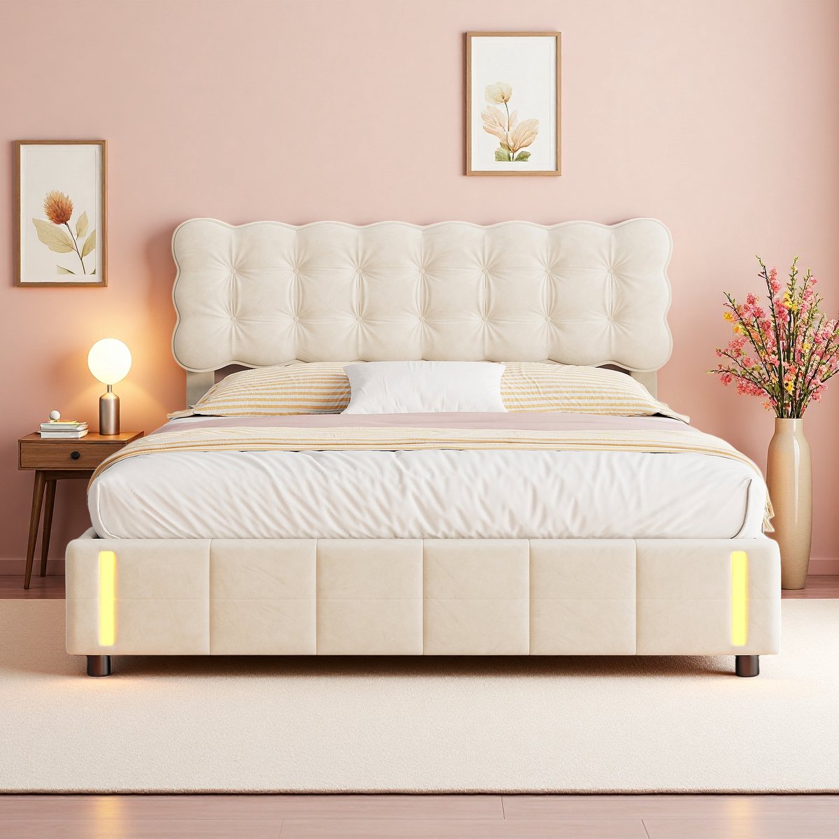 Opbergbed Beige Fluwelen Boxspring met Opbergruimte en LED