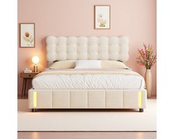 Opbergbed 140x200 cm – Tweepersoonsbed – Beige fluwelen gaslift bed – Met opbergruimte en LED-voetbordverlichting