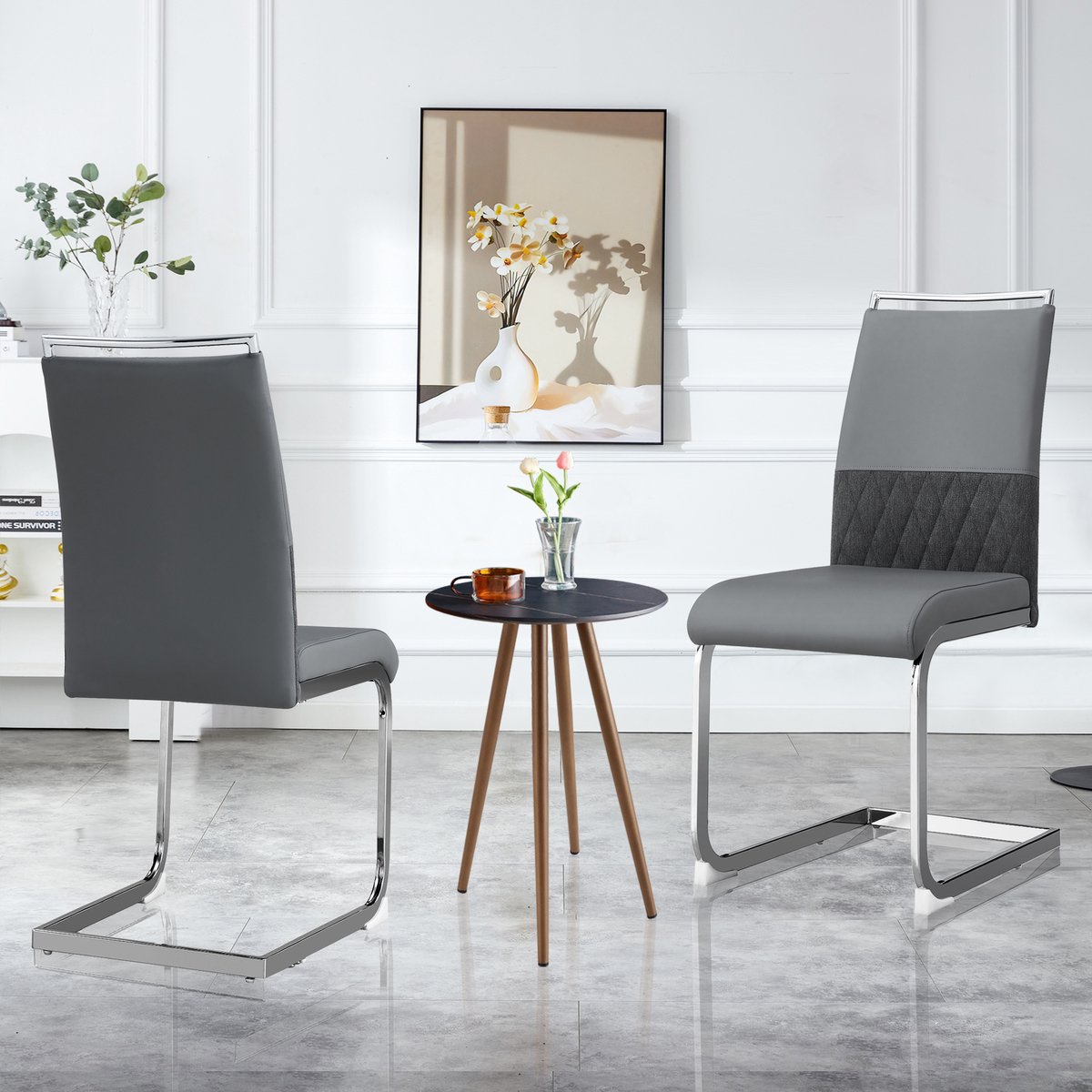 STILVORA Eetkamerstoel – Ergonomisch Ontwerp – Set van 2 – PU-Leren & Linnen Rugleuning – Modern Design Voor Eetkamer en Keuken – Grijs