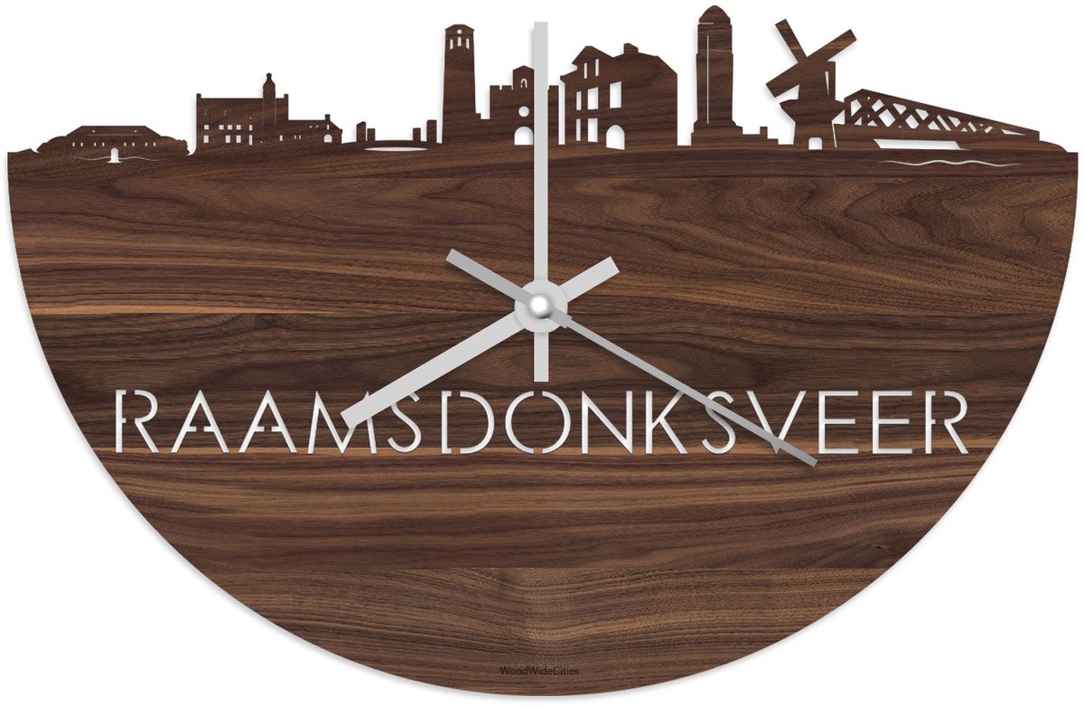 Skyline Klok Raamsdonksveer Notenhout - Ø 40 cm - Stil uurwerk - Wanddecoratie - Meer steden beschikbaar - Woonkamer idee - Woondecoratie - City Art - Steden kunst - Cadeau voor hem - Cadeau voor haar - Jubileum - Trouwerij - Housewarming -