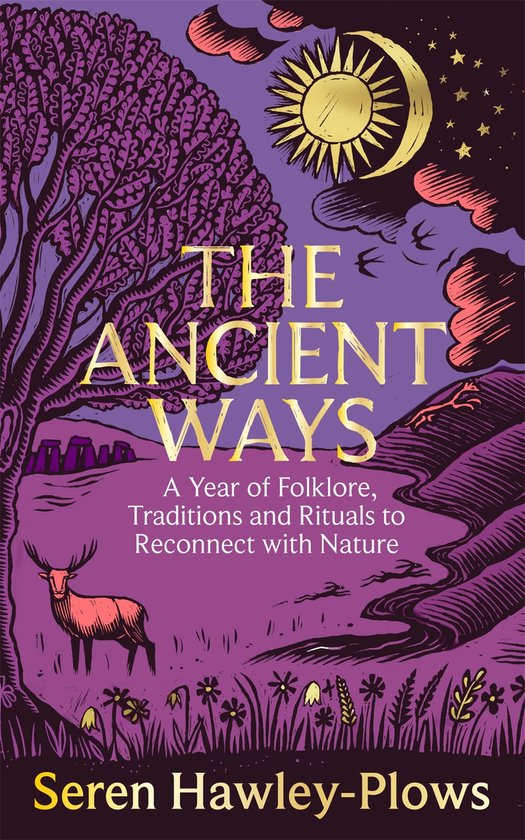 Boek 'The Ancient Ways', met een paarse omslag met een gouden zon en maan, een silhouet van een hert en een boom.