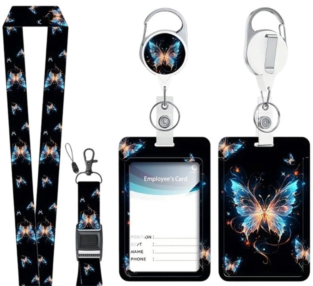 Mj Joys® – Afneembare Lanyard – Badgehouder met trekkoord - Trekkoord met Sleutelhanger - Uitschuifbare Badgehouders met Clip - Nekkoord - Telefoonkoord - Badge Houder - Badgehouder met afrolmechanisme - Vlinder Zwart Blauw