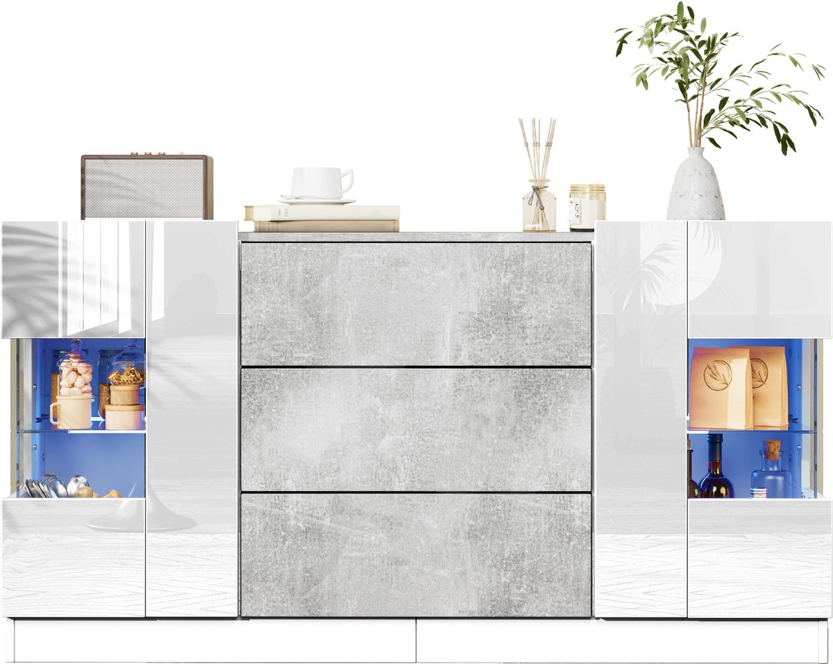 Clruro Dressoir - 140x35x75 cm - Met 2 Deuren En 3 Lades - Hoogglans Front - LED Verlichting - MDF Glas - Wit Marmerlook marmer, wit